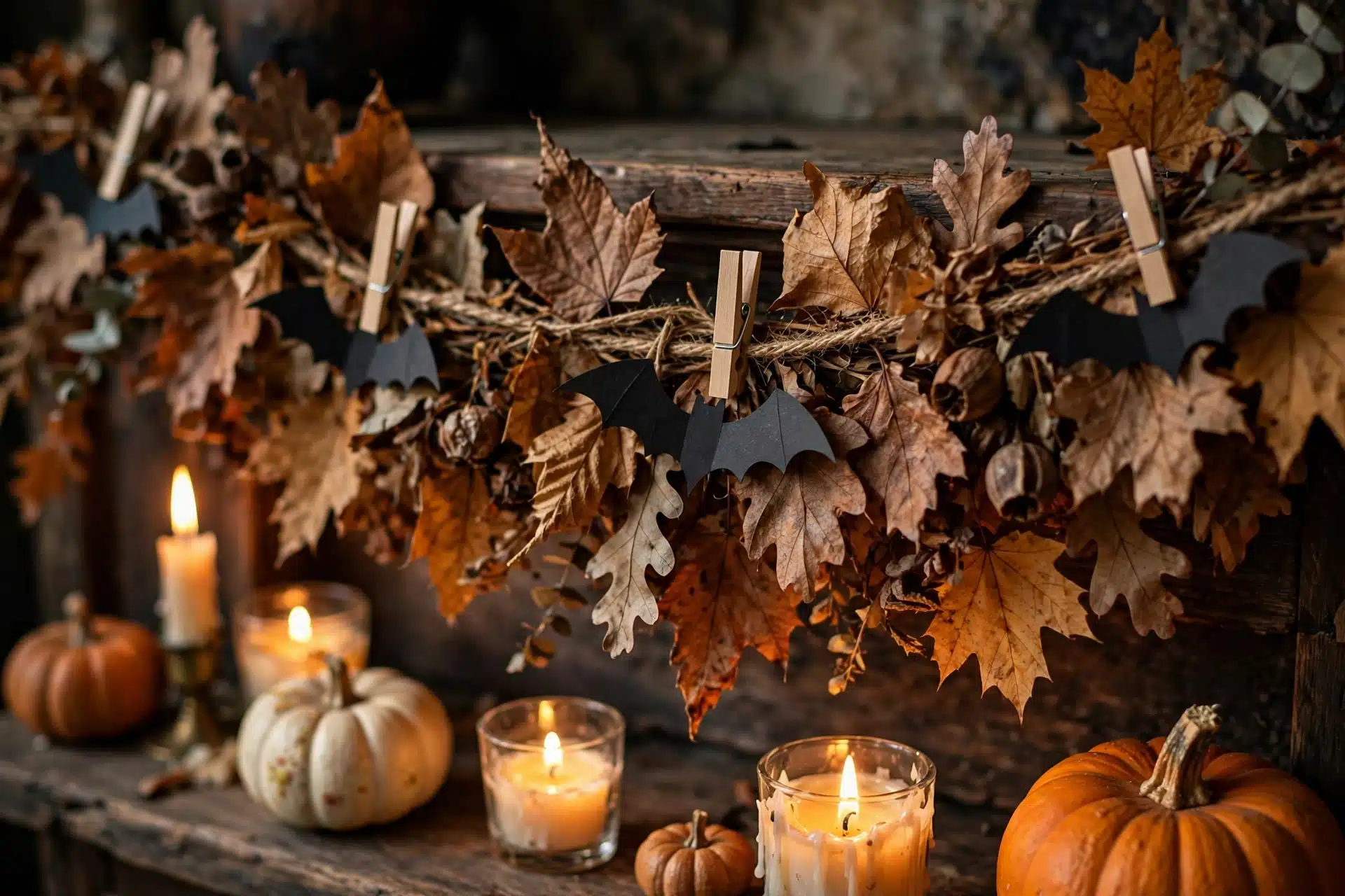 12 Halloween Mantel Decor Ideas 10 Black paper bats clipped along a fall leaf garland draped above a Halloween mantel.