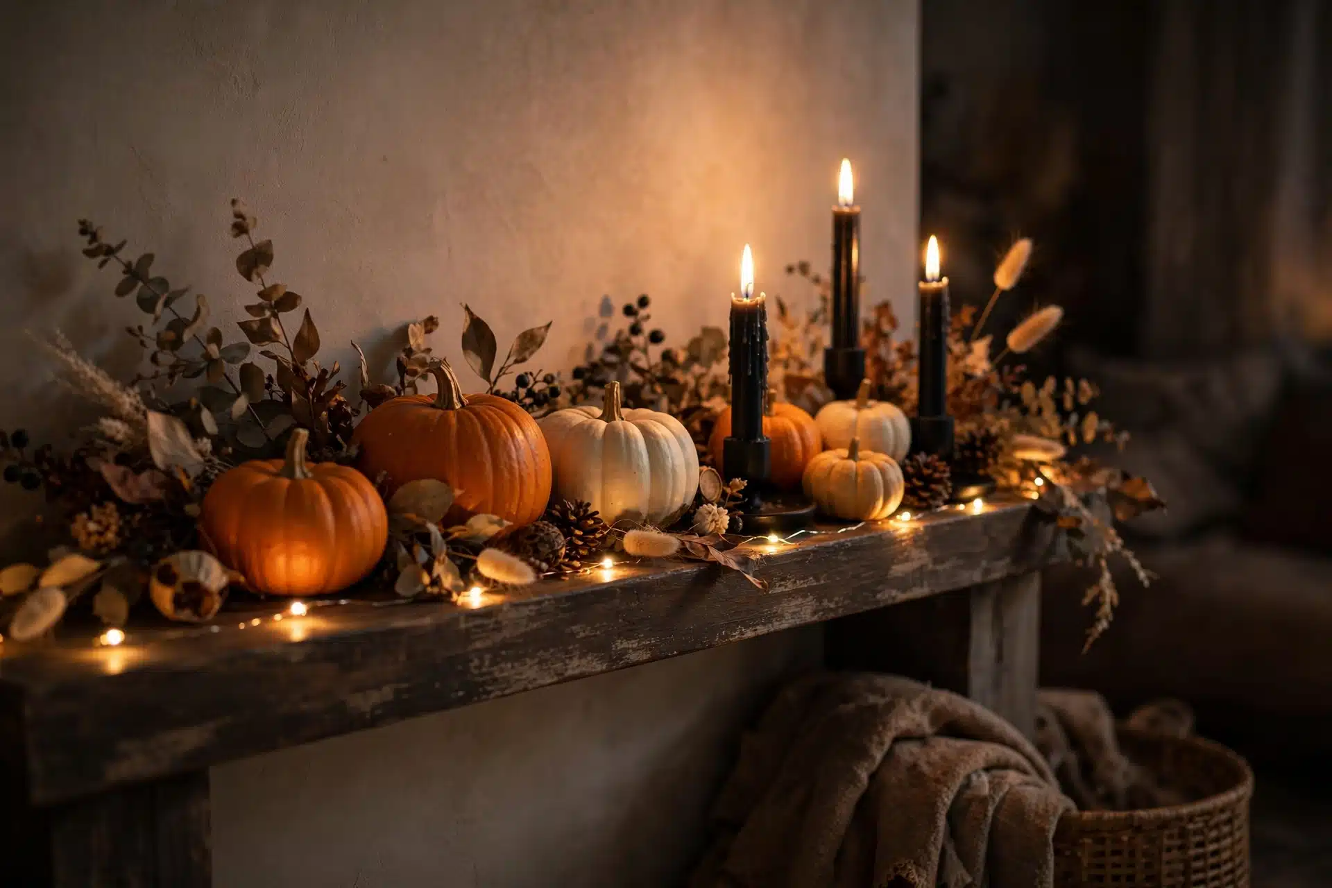 Warm string lights woven along a Halloween mantel decorated with pumpkins and greenery.