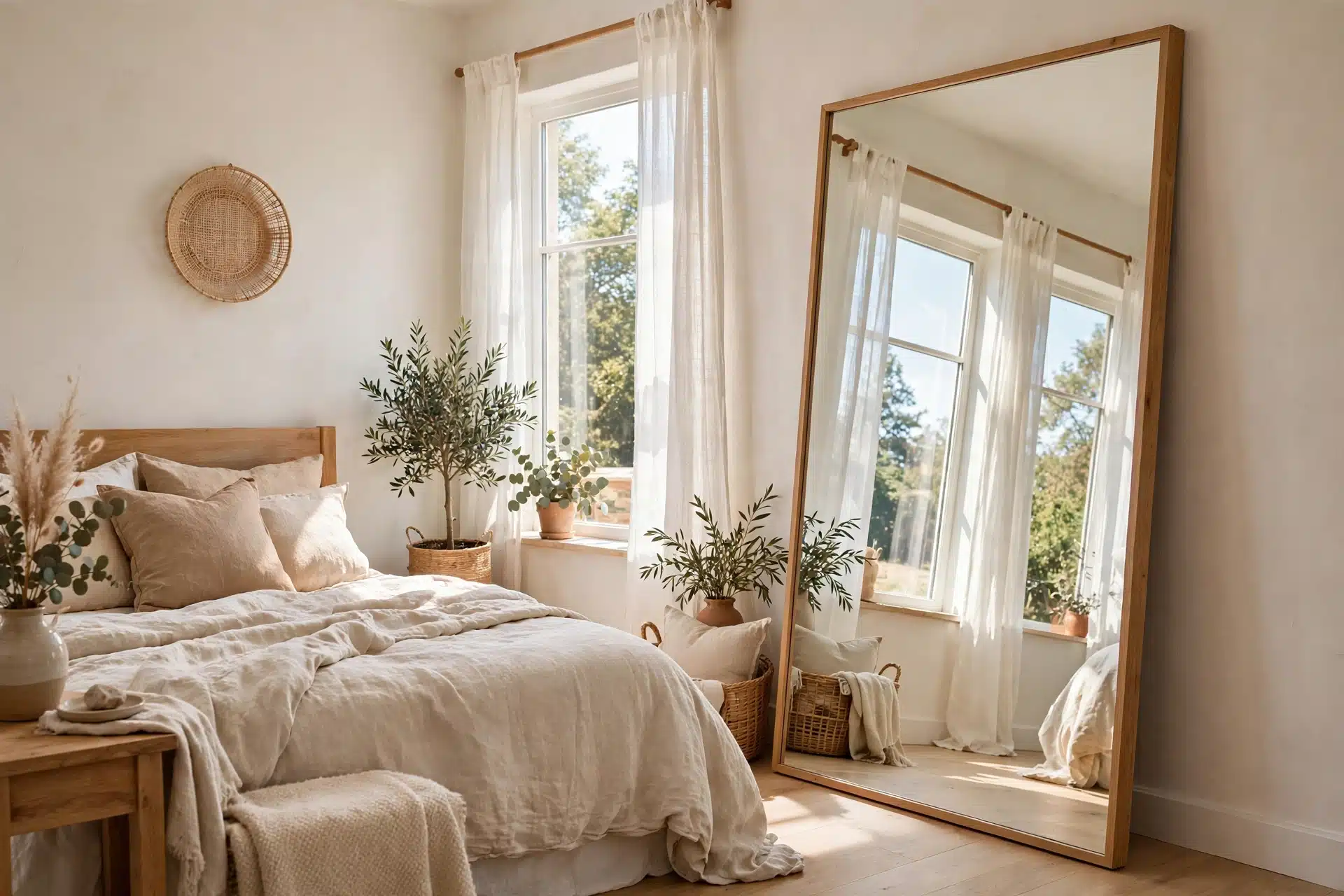 12 Small Bedroom Ideas That Make Tiny Spaces Feel Big 4 Full length mirror opening up a bright bedroom