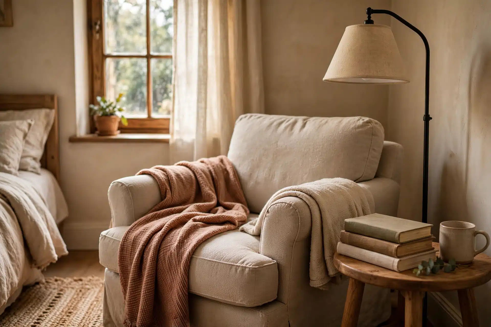 12 Small Bedroom Ideas That Make Tiny Spaces Feel Big 5 Small reading corner with armchair and floor lamp