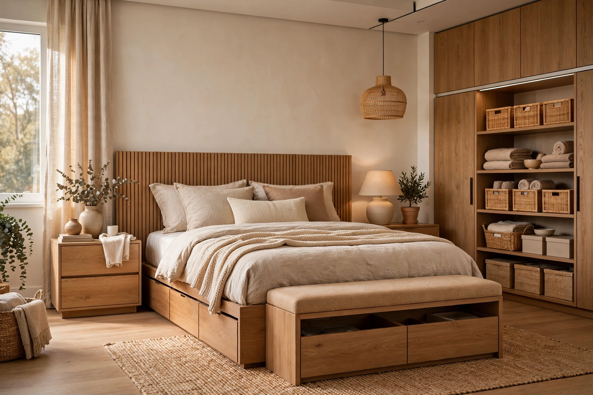 12 Small Bedroom Ideas That Make Tiny Spaces Feel Big 3 Wooden shelves and storage units in a tidy bedroom