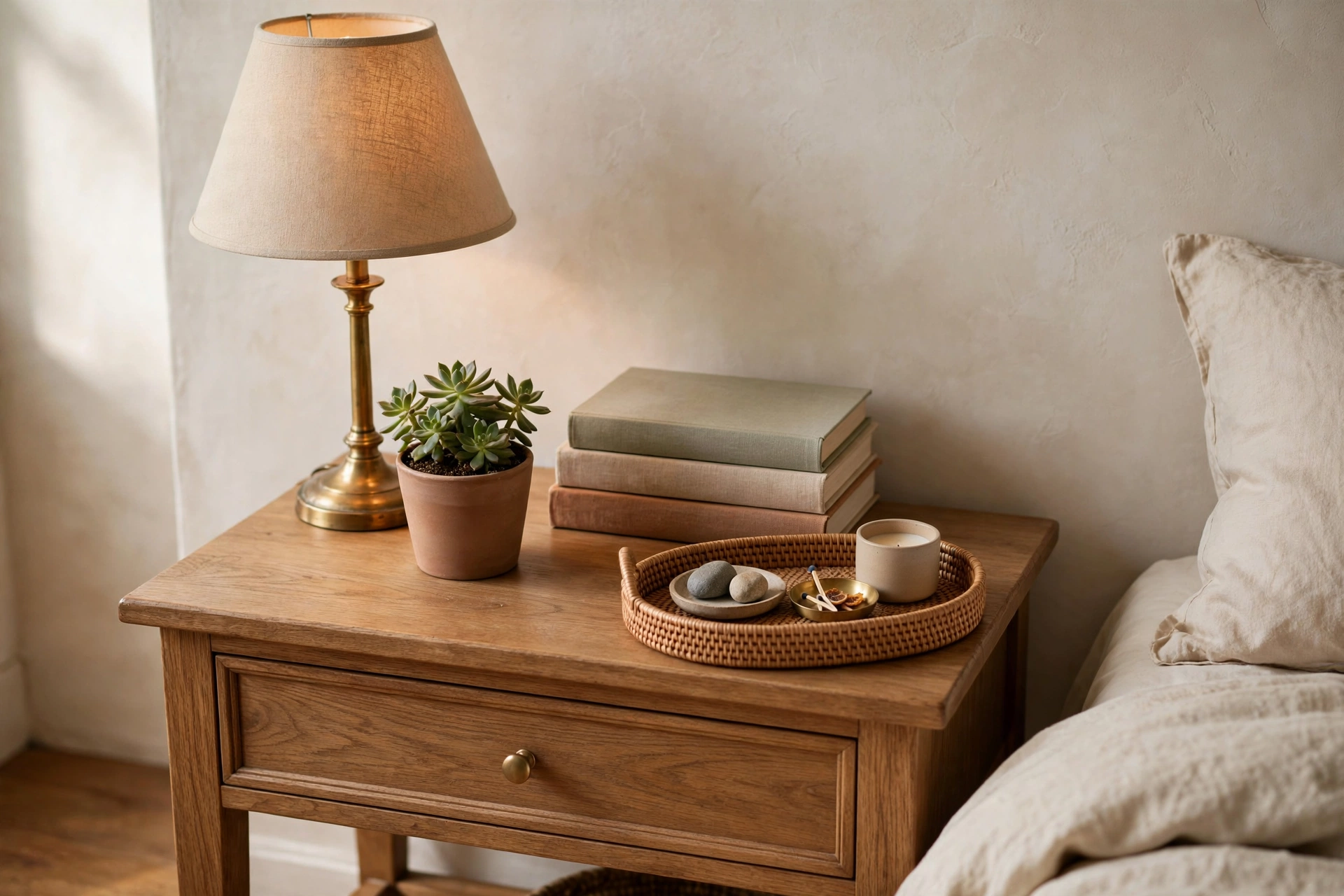 12 Small Bedroom Ideas That Make Tiny Spaces Feel Big 9 Stack of books and a warm mug of tea on a bedroom nightstand