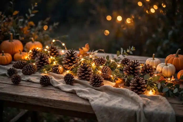 12 Thanksgiving Mantel Decor Ideas for a Cozy Holiday Home 14 Decorated fall harvest arrangement with pumpkins pinecones and warm string lights